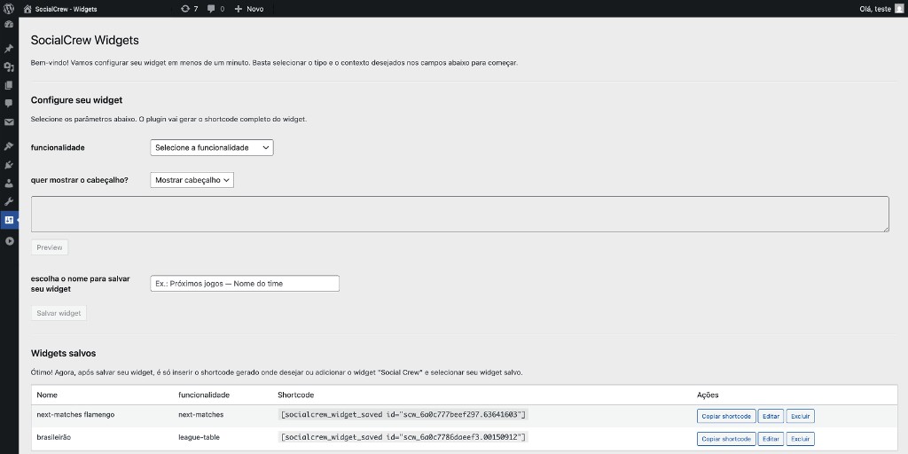 Painel SocialCrew Widgets no WordPress — configurar widget e widgets salvos